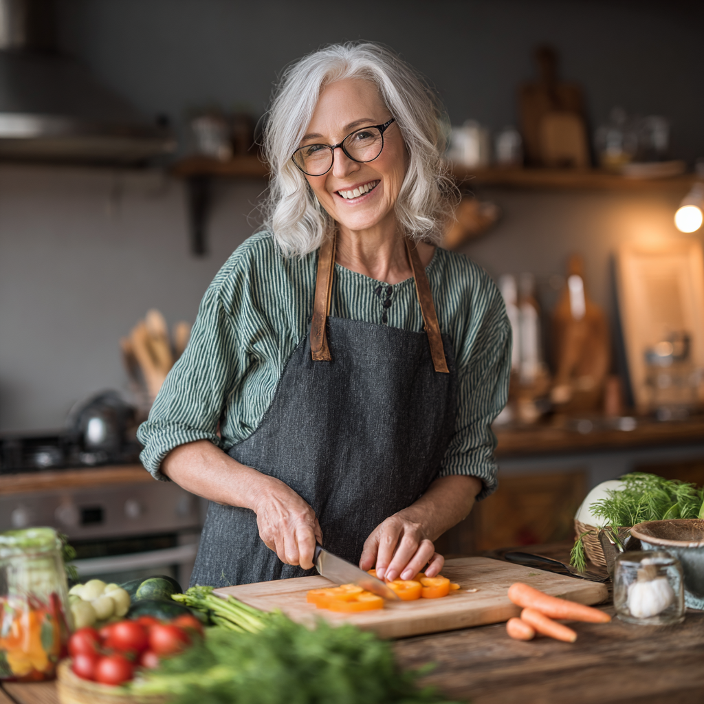 Active mature woman enjoying healthy meal preparation