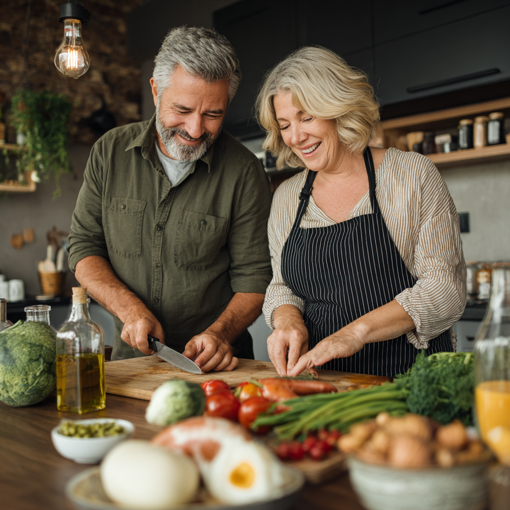 Middle-aged couple preparing nutritious meal together in modern kitchen